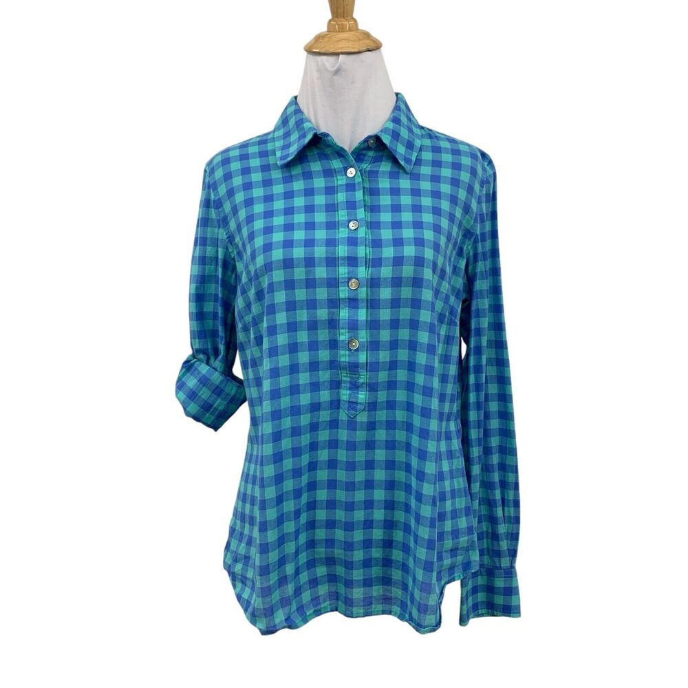 Vineyard Vines Shirt Womens 6 Blue Teal Gingham Tab Sleeve Half Button Placket